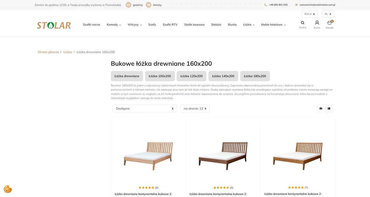 Strona sklepu Stolar z ofertą bukowych łóżek drewnianych 160x200 w trzech kolorach.