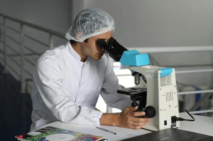 Obrazek przedstawia mikroskop laboratoryjny