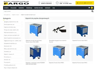 Strona sklepu FARGO z listą giętarek do prętów zbrojeniowych i narzędzi do cięcia strzemion.