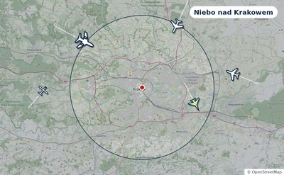 Mapa okolic miasta z sylwetkami samolotów — Niebo nad Krakowem na żywo