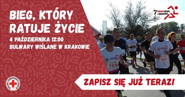 Obrazek przedstawia grafikę promocyjną wydarzenia Bieg charytatywny wspierający zbiórkę krwi w Krakowie