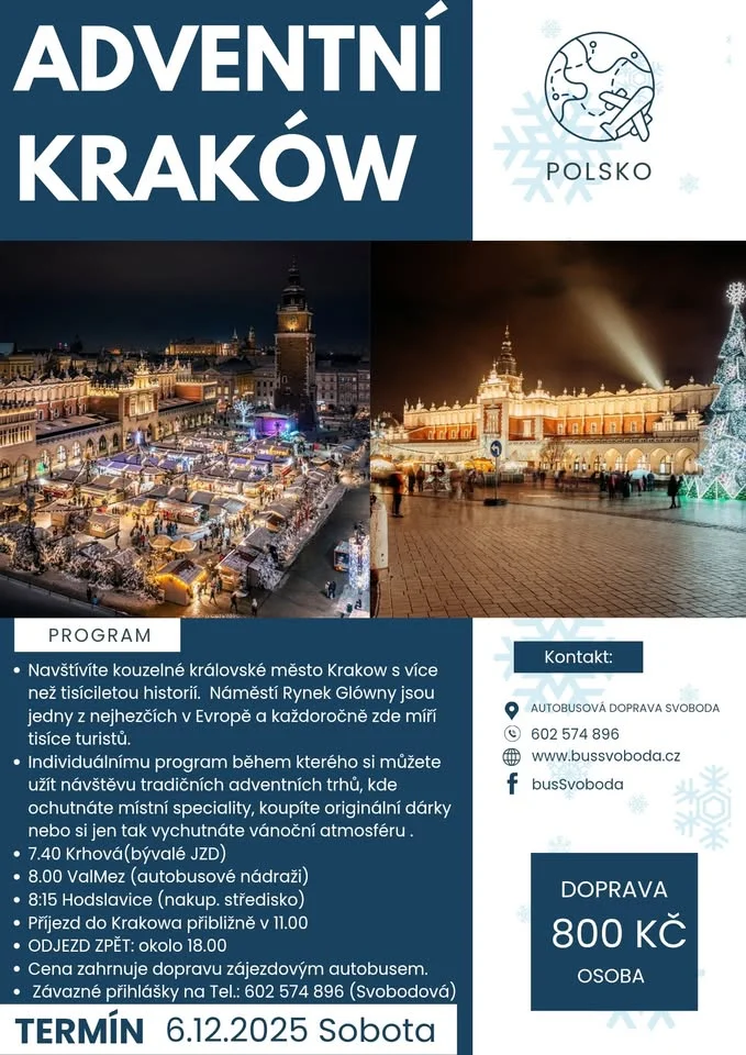 Grafika promocyjna wydarzenia Adventní Kraków — wyjazd na jarmarki adwentowe do Krakowa (6 grudnia 2025)