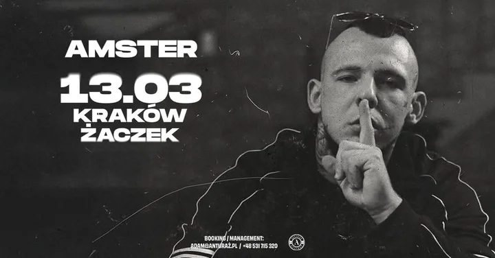 Grafika promocyjna wydarzenia AMSTER w Klubie Żaczek, Kraków — 13 marca 2026