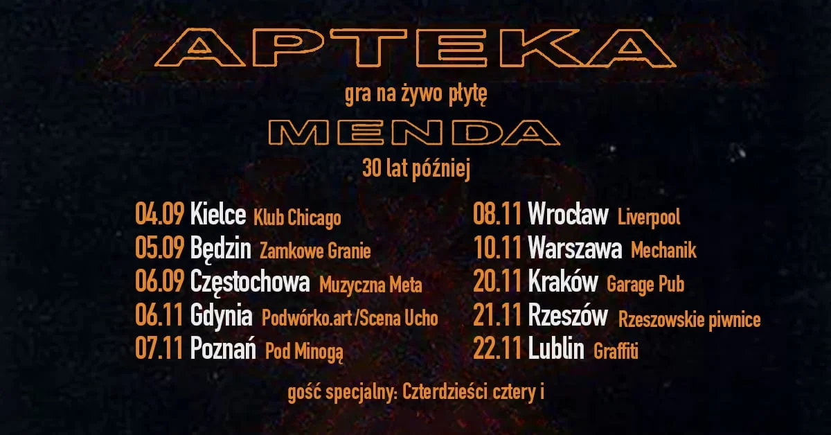 Grafika promocyjna wydarzenia Apteka gra „Mendę” – koncert w Krakowie