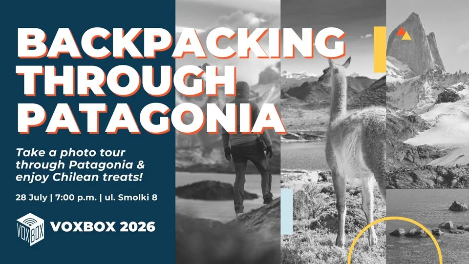 Grafika promocyjna wydarzenia Backpacking through Patagonia – podróżniczy wieczór