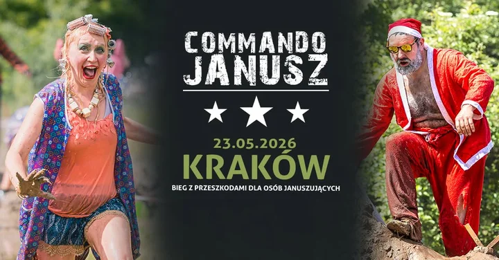 Grafika promocyjna wydarzenia Commando Janusz — bieg januszujący w Krakowie, 23 maja 2026