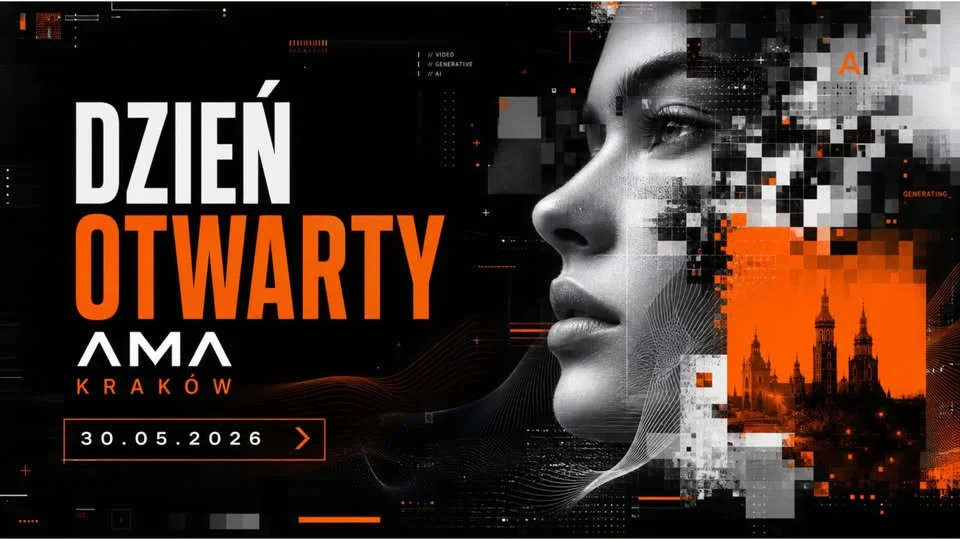 Grafika promocyjna wydarzenia Dzień Otwarty AMA Kraków 2026 – film, AI, VFX i VR
