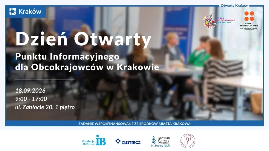 Grafika promocyjna wydarzenia Dzień Otwarty Punktu Informacyjnego dla Obcokrajowców – bezpłatne konsultacje z ekspertami