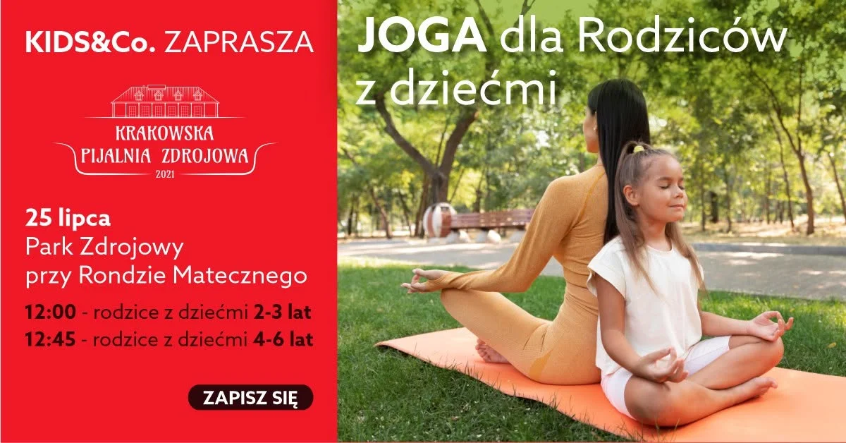 Grafika promocyjna wydarzenia Joga w Parku z KIDS&Co. – bezpłatne zajęcia