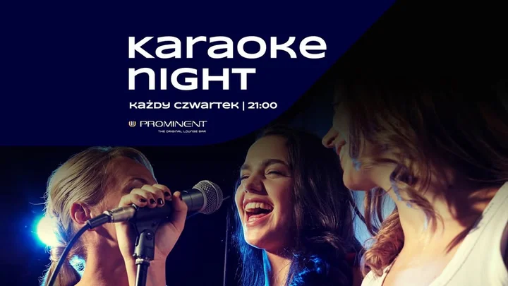 Obrazek przedstawia grafikę promocyjną wydarzenia Karaoke w klubie Prominent w Krakowie — co tydzień od 21:00