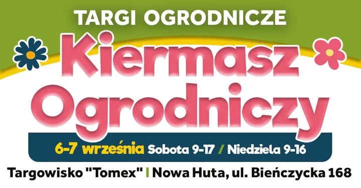 Obrazek przedstawia grafikę promocyjną wydarzenia Kiermasz ogrodniczy w Krakowie — targi roślin i produktów naturalnych