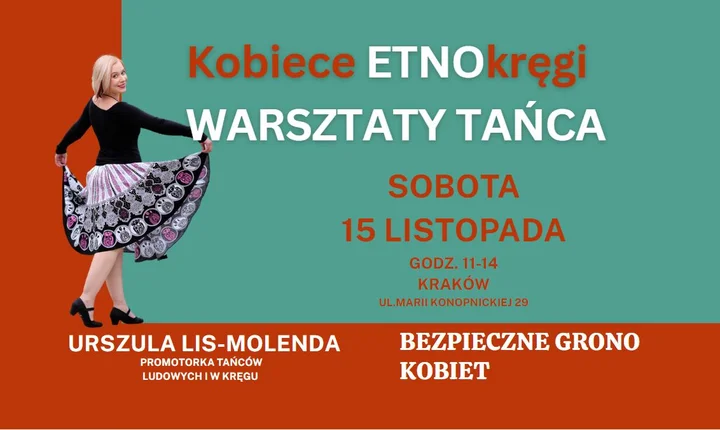 Grafika promocyjna wydarzenia Kobiece ETNOkręgi — warsztaty taneczne dla kobiet w Krakowie