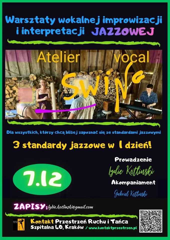 Grafika promocyjna wydarzenia Atelier Swing Vocal — warsztaty wokalnej improwizacji i interpretacji jazzowej w Krakowie