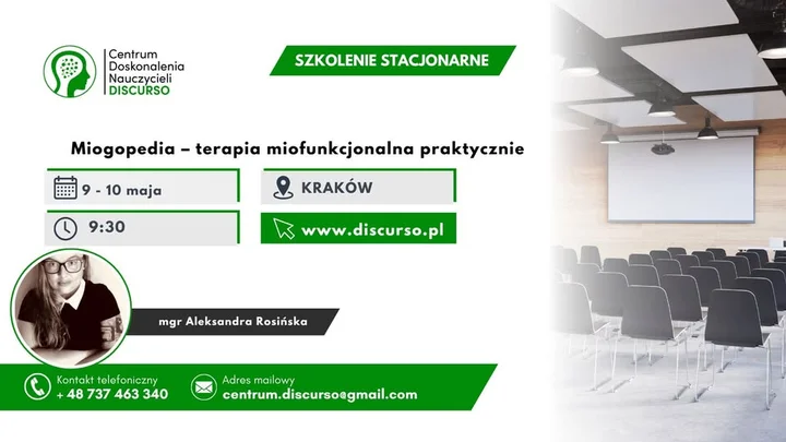 Grafika promocyjna wydarzenia Miogopedia – terapia miofunkcjonalna praktycznie: warsztat w Krakowie