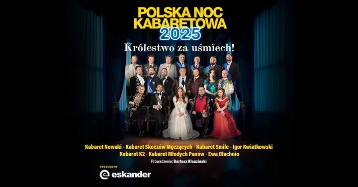 Obrazek przedstawia grafikę promocyjną wydarzenia Kabaretowa noc śmiechu w Krakowie — Polska Noc Kabaretowa 2025