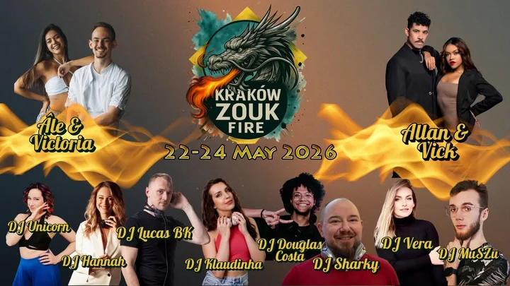 Grafika promocyjna wydarzenia Kraków Zouk Fire 2026 — weekend zouk nad Wisłą w Krakowie