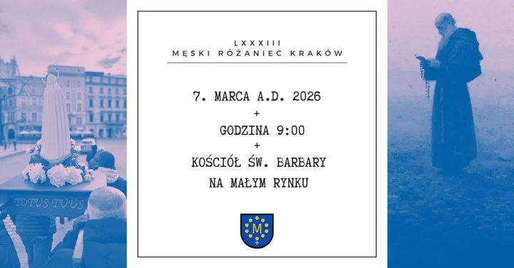 Grafika promocyjna wydarzenia LXXXI Męski Różaniec Kraków — nabożeństwo Pierwszych Sobot