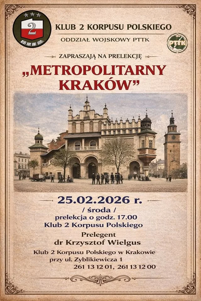 Grafika promocyjna wydarzenia Metropolitalny Kraków — prelekcja dr. inż. arch. Krzysztofa Wielgusa