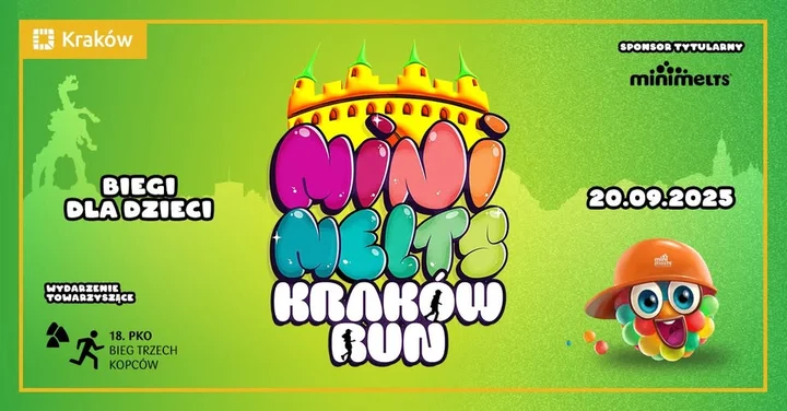 Obrazek przedstawia grafikę promocyjną wydarzenia Bieg dla najmłodszych w Alejach 3 Maja w Krakowie