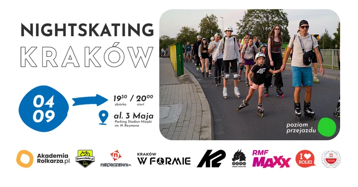 Obrazek przedstawia grafikę promocyjną wydarzenia Nocny przejazd rolkarski po Krakowie – Nightskating Kraków (4 września 2025)