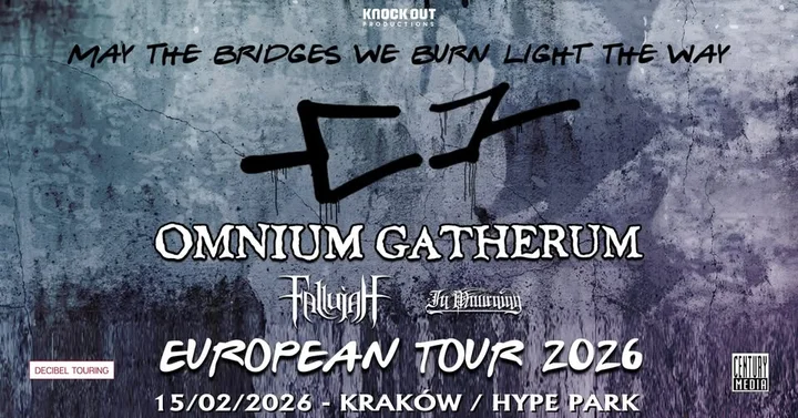 Obrazek przedstawia grafikę promocyjną wydarzenia Trzy oblicza death metalu w Krakowie — Omnium Gatherum, Fallujah i In Mourning
