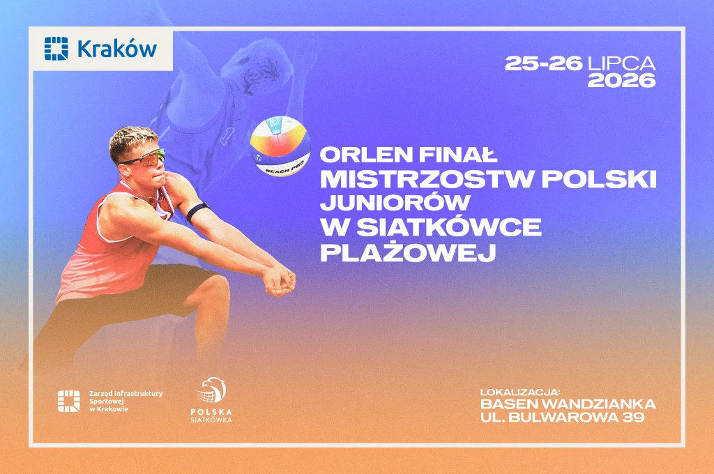 Grafika promocyjna wydarzenia Kraków gospodarzem finału juniorskiej siatkówki plażowej