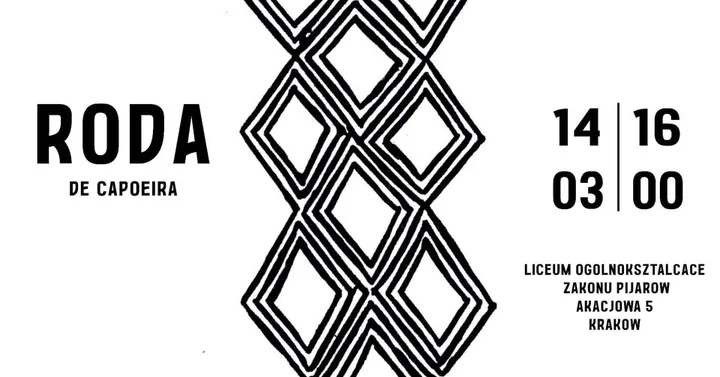 Grafika promocyjna wydarzenia Roda de Capoeira w Krakowie — roda dla każdego