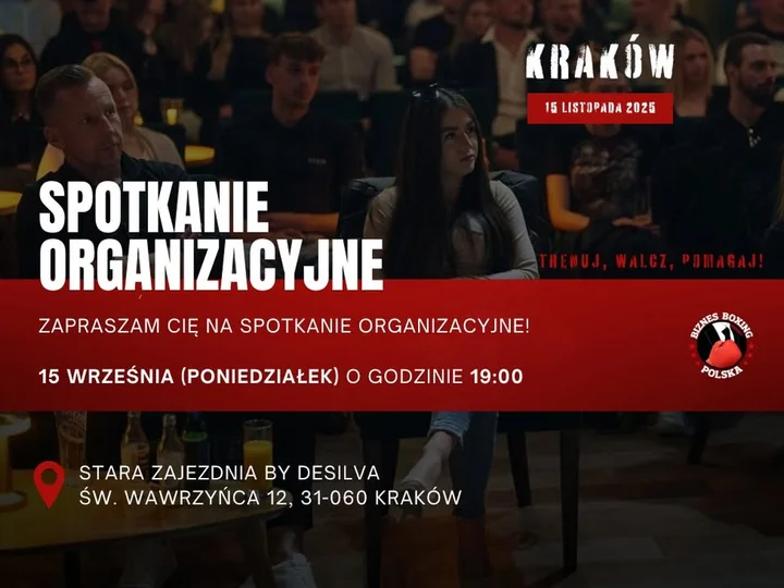 Obrazek przedstawia grafikę promocyjną wydarzenia Otwarte spotkanie informacyjne przed galą Biznes Boxing w Krakowie