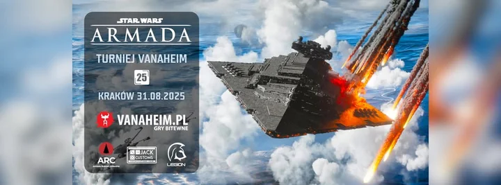 Obrazek przedstawia grafikę promocyjną wydarzenia Turniej Star Wars: Armada w Krakowie — Vanaheim, 31 sierpnia 2025