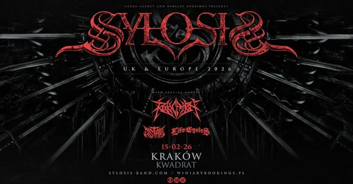 Obrazek przedstawia grafikę promocyjną wydarzenia Koncert Sylosis z supportem Revocation, Distant i Life Cycles w Krakowie