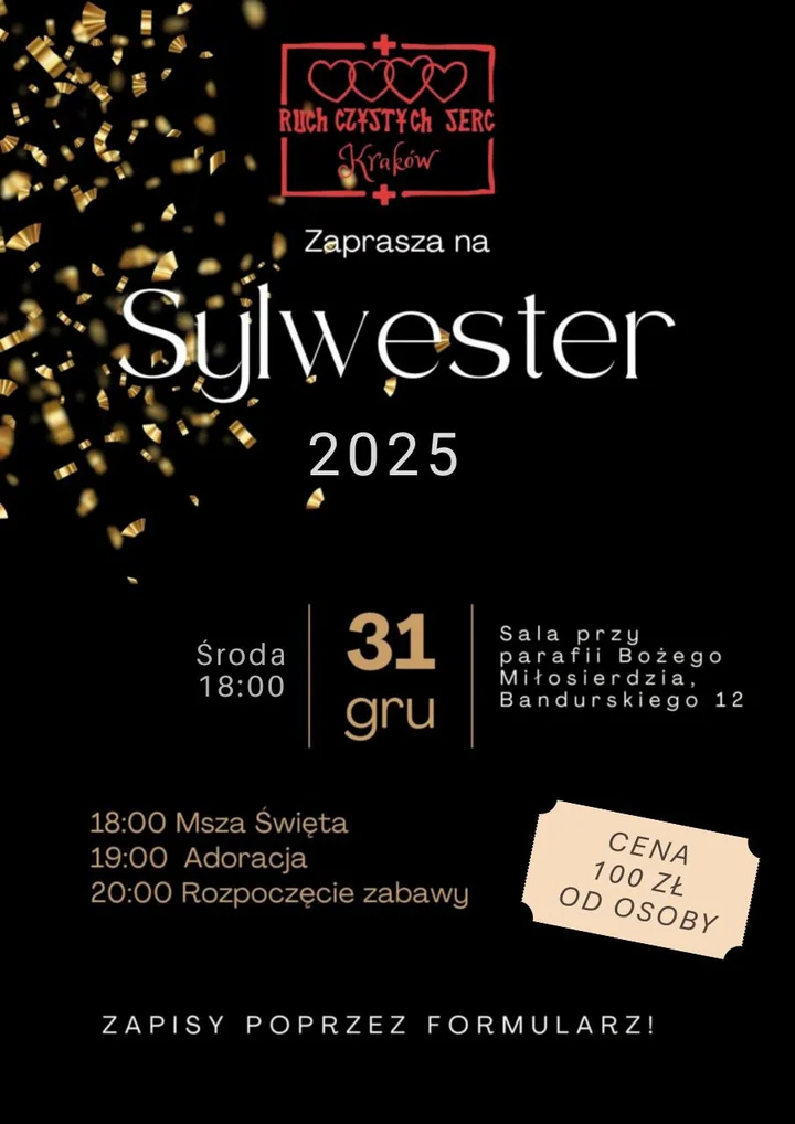 Grafika promocyjna wydarzenia Sylwester RCS Kraków 2025 — wspólnotowe powitanie Nowego Roku