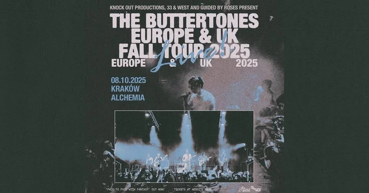 Obrazek przedstawia grafikę promocyjną wydarzenia The Buttertones w Krakowie — koncert 8 października 2025