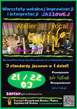 Grafika promocyjna wydarzenia Atelier Swing Vocal — warsztat wokalnej improwizacji i interpretacji jazzowej w Krakowie
