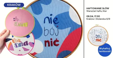 Grafika promocyjna wydarzenia Kraków: haftowanie liter — warsztat haftu na tamborku