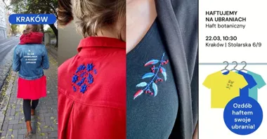 Grafika promocyjna wydarzenia Haftowanie na ubraniach w Krakowie — warsztat z Gosią Samborską