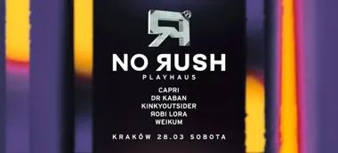 Grafika promocyjna wydarzenia noRUSH x PLAYHAUS — housowa noc w wyjątkowym studiu w Krakowie