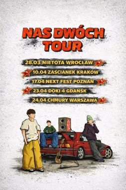 Grafika promocyjna wydarzenia North Side District w Krakowie. Koncert „NAS DWÓCH TOUR” w Klubie Zaścianek
