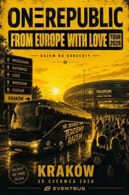 Grafika promocyjna wydarzenia OneRepublic w Krakowie. Koncert w TAURON Arenie 30 czerwca 2026