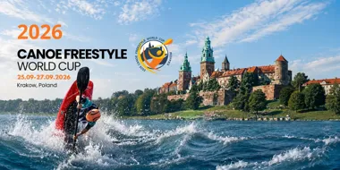 Grafika promocyjna wydarzenia Puchar Świata w kajakowym freestyle’u Kraków 2026: termin i miejsce