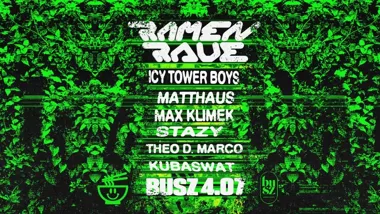 Grafika promocyjna wydarzenia RAMEN RAVE w Buszu w Krakowie – noc pełna bassu i klubowej energii