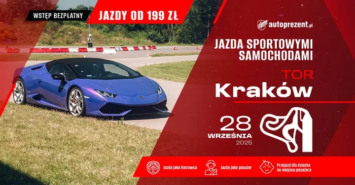 Obrazek przedstawia grafikę promocyjną wydarzenia Przejażdżki sportowymi samochodami na torze w Krakowie