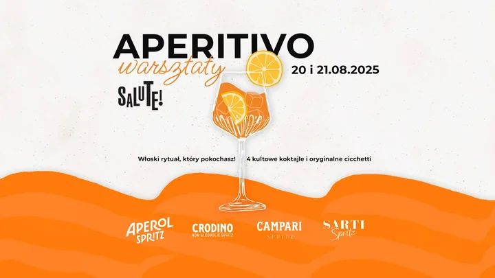 Obrazek przedstawia grafikę promocyjną wydarzenia Warsztaty włoskiego aperitivo w Krakowie — nauka koktajli i cicchetti
