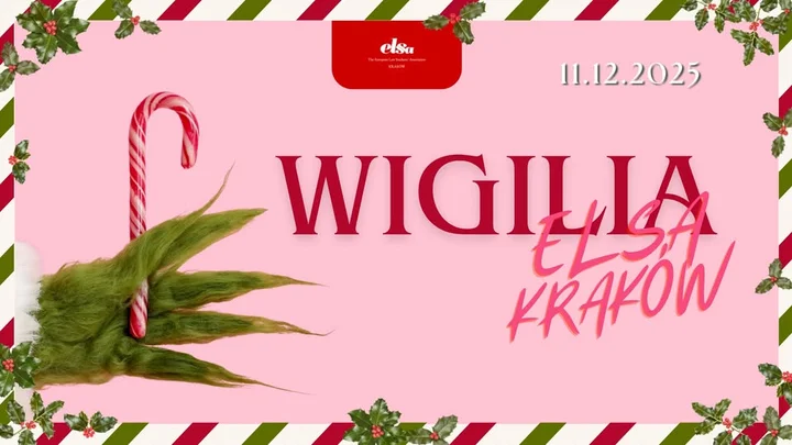 Grafika promocyjna wydarzenia Wigilia ELSA Kraków 2025 — spotkanie świąteczne w Tużurku