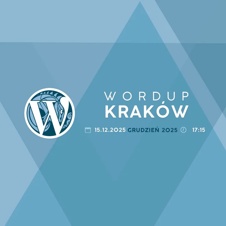 Grafika promocyjna wydarzenia WordUp Kraków #grudzień 2025 — przedświąteczne spotkanie użytkowników WordPressa