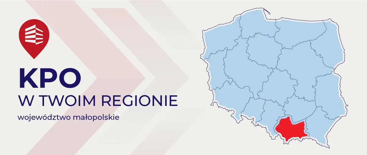 Grafika informacyjna z mapą Polski, na której zaznaczono województwo małopolskie, oraz napisem „KPO w twoim regionie”.