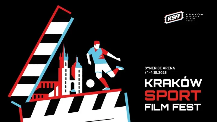 Plakat promujący Kraków Sport Film Fest w Synerise Arena w dniach 1-4 października 2026 roku.