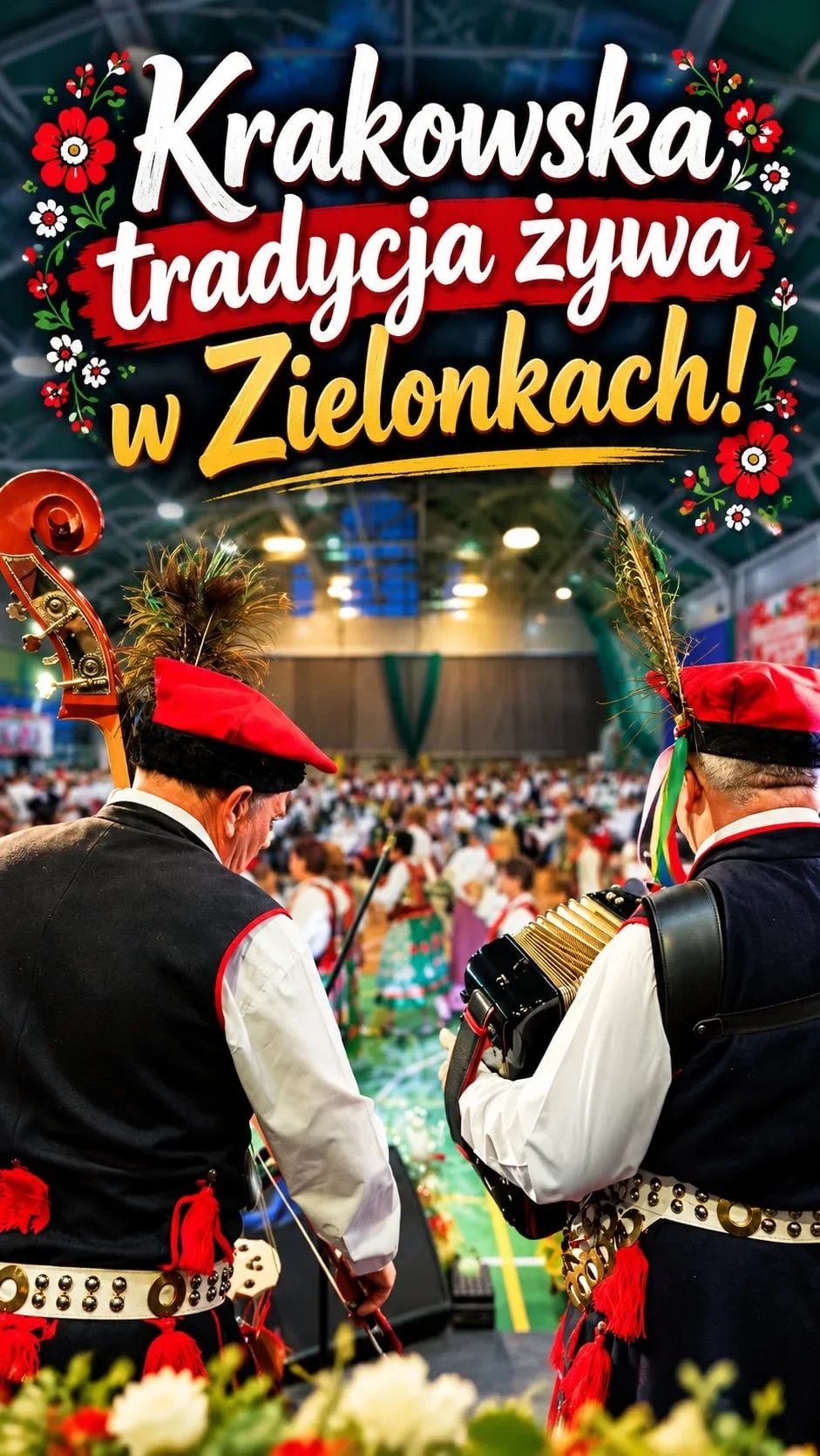 Dwaj mężczyźni w krakowskich strojach ludowych grają na kontrabasie i akordeonie podczas zabawy tanecznej w hali.