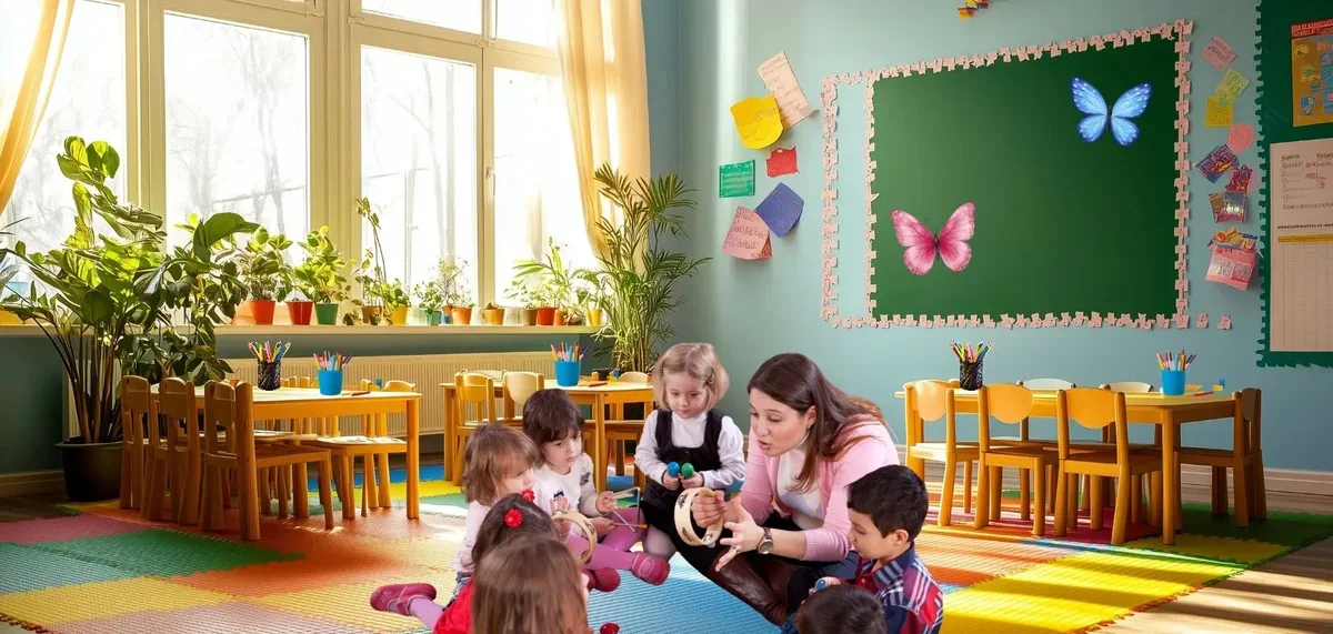 Nauczycielka i grupa przedszkolaków siedzą na kolorowej podłodze w sali zabaw, dzieci trzymają instrumenty muzyczne.