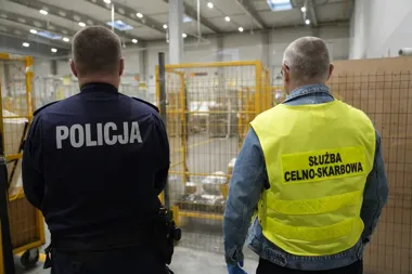 Policjant i funkcjonariusz Służby Celno-Skarbowej stoją plecami do obiektywu w hali magazynowej lub sortowni przesyłek.