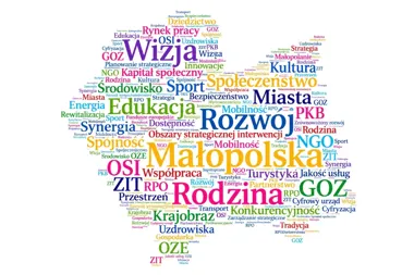 Chmura słów w języku polskim związanych z rozwojem regionu Małopolski, takich jak wizja, edukacja, rodzina, środowisko czy GOZ.